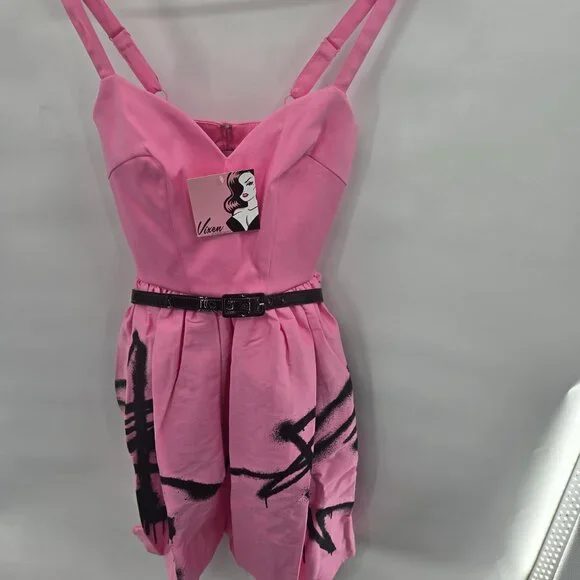 Vixen by Micheline Pitt Miss Kitty 9 Lives Pink Spray Paint Design Midi Dress XS - Picture 12 of 12